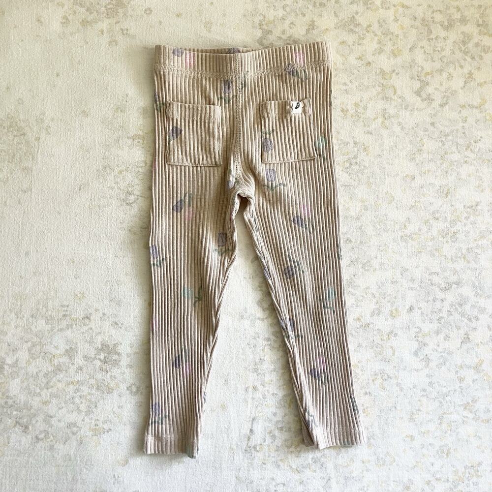 Easy Peasy Girls 2T Ribbed Leggings Floral Print Pockets Organic Cotton Tan